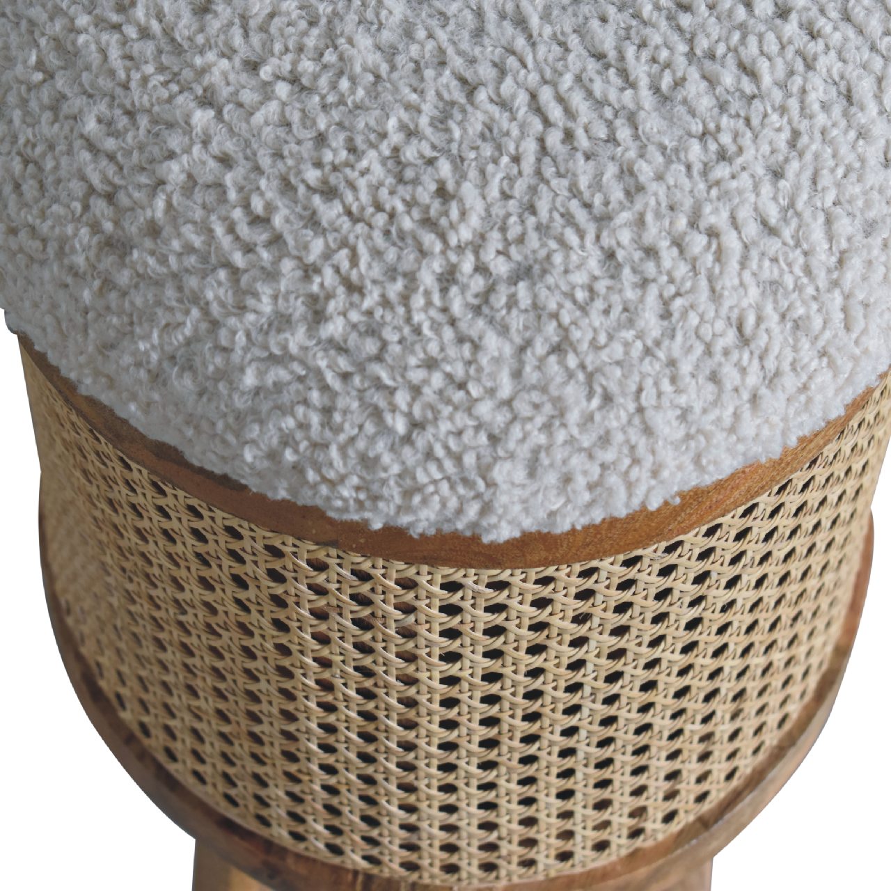 Solid Mango Wood Natural Finished Rattan Larissa Footstool with Boucle Seat - Image 4