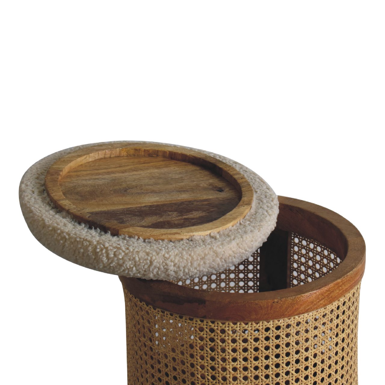 Solid Mango Wood Natural Finished Rattan Larissa Footstool with Boucle Seat - Image 5