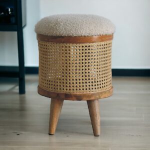 Solid Mango Wood Natural Finished Rattan Larissa Footstool with Boucle Seat