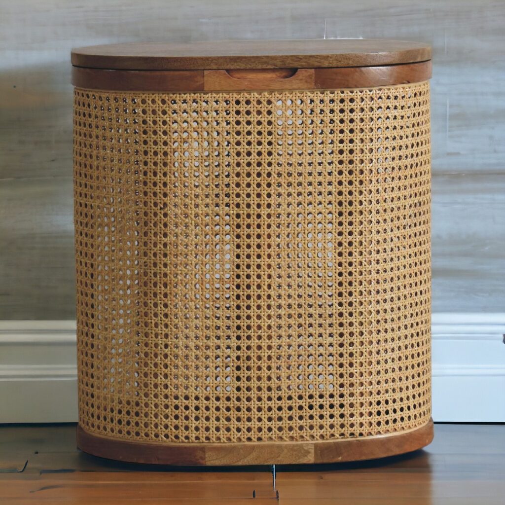 Solid Mango Wood Oak Finished Rattan Larissa Lid-up Storage Stool