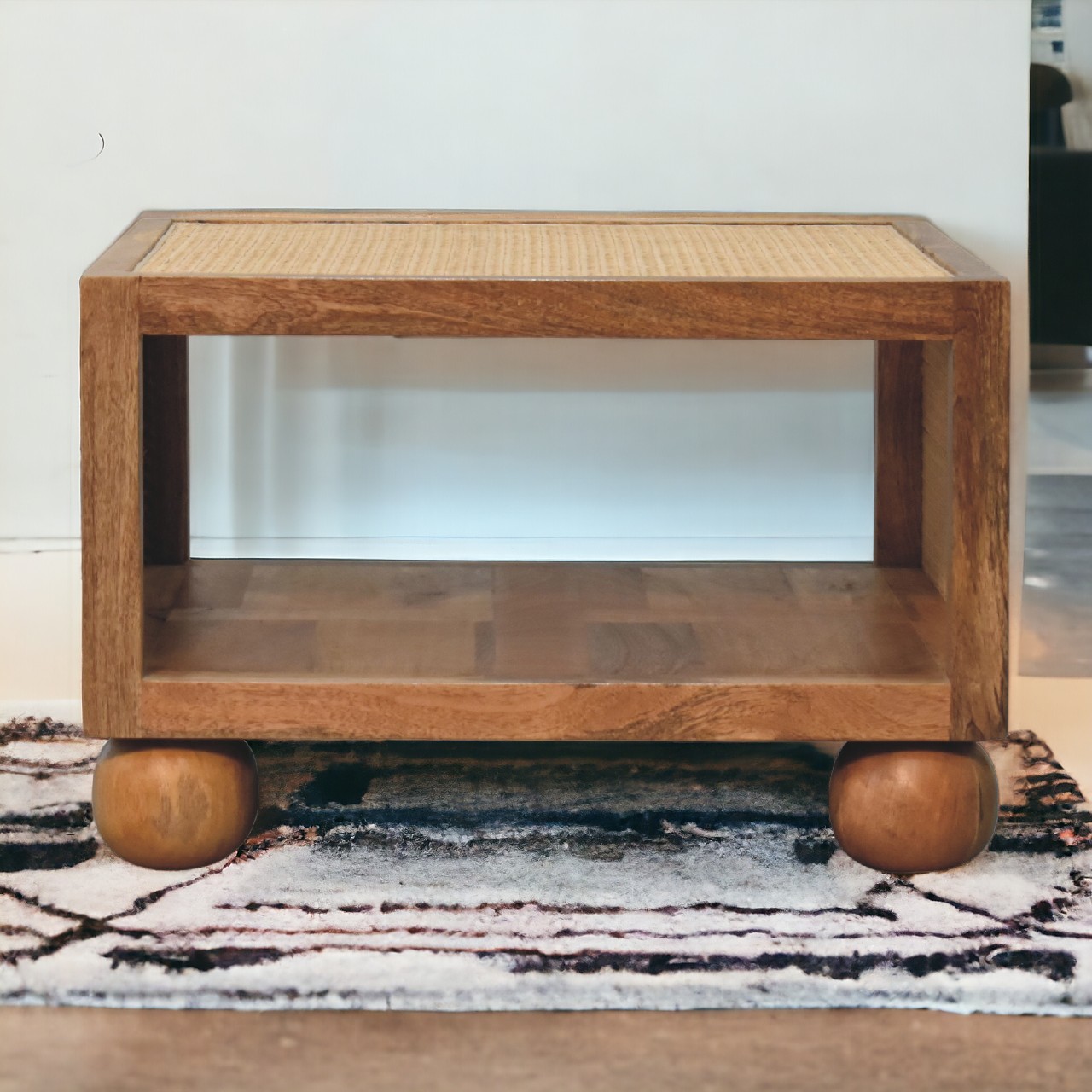 Solid Mango Wood Oak Finished Larissa Rattan Small Coffee Table with Ball Feet