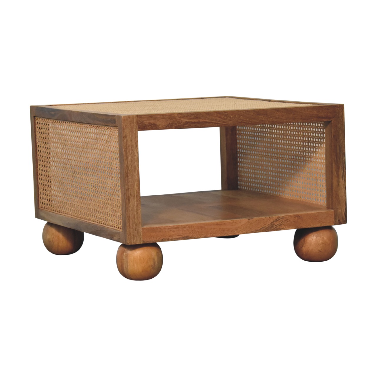Solid Mango Wood Oak Finished Larissa Rattan Small Coffee Table with Ball Feet - Image 2