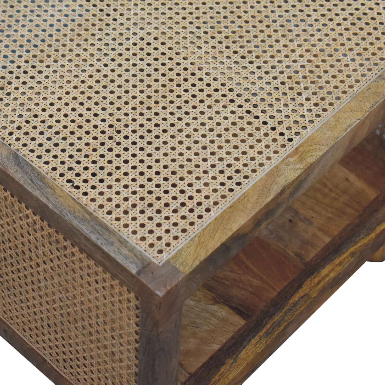 Solid Mango Wood Oak Finished Larissa Rattan Small Coffee Table with Ball Feet - Image 4