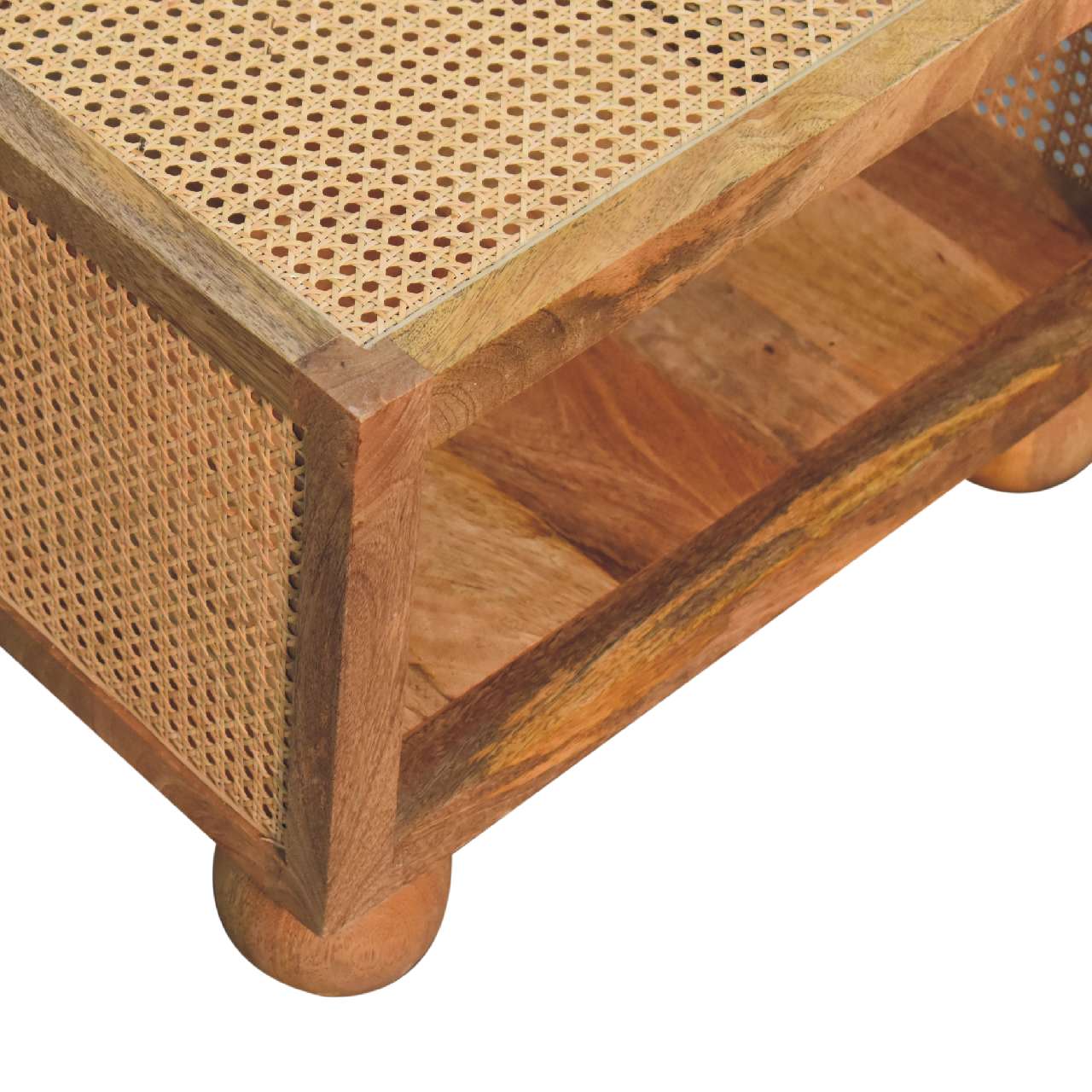 Solid Mango Wood Oak Finished Larissa Rattan Small Coffee Table with Ball Feet - Image 5