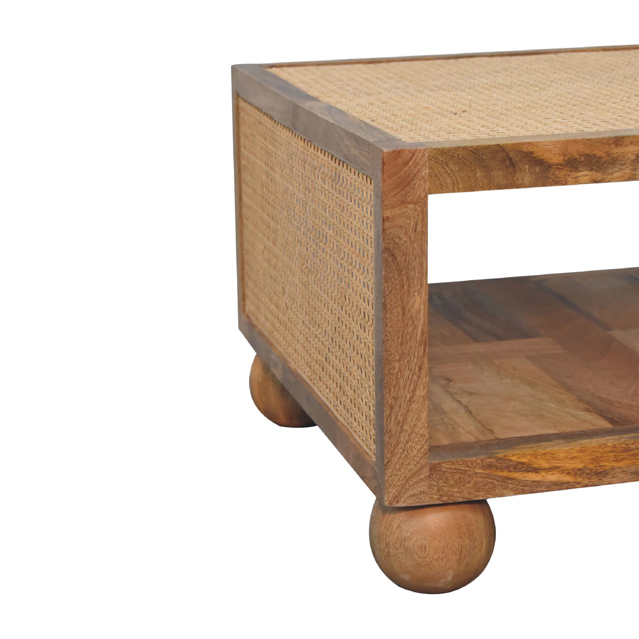 Solid Mango Wood Oak Finished Larissa Rattan Small Coffee Table with Ball Feet - Image 7