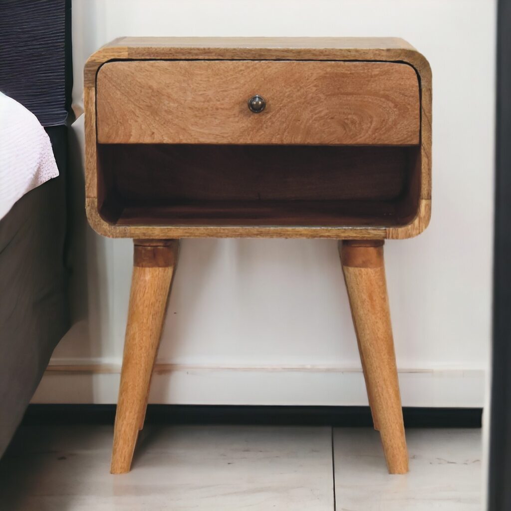 Solid Mango Wood Oak Finished 1 Drawer 1 Slot Curved Bedside