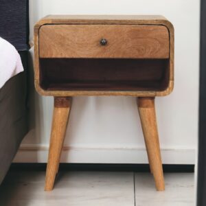 Solid Mango Wood Oak Finished 1 Drawer 1 Slot Curved Bedside