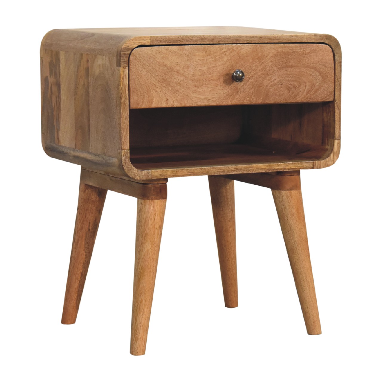 Solid Mango Wood Oak Finished 1 Drawer 1 Slot Curved Bedside - Image 2