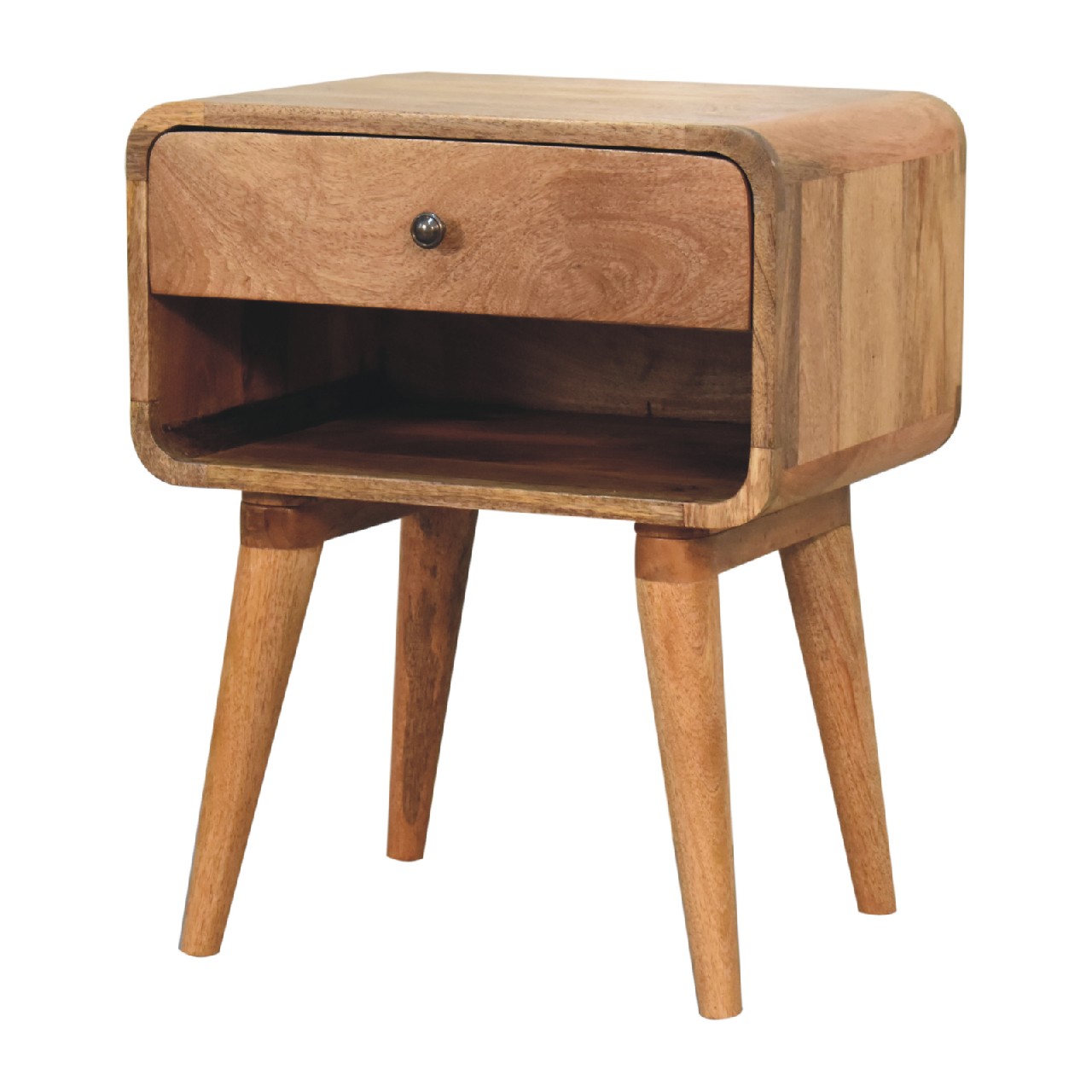 Solid Mango Wood Oak Finished 1 Drawer 1 Slot Curved Bedside - Image 3