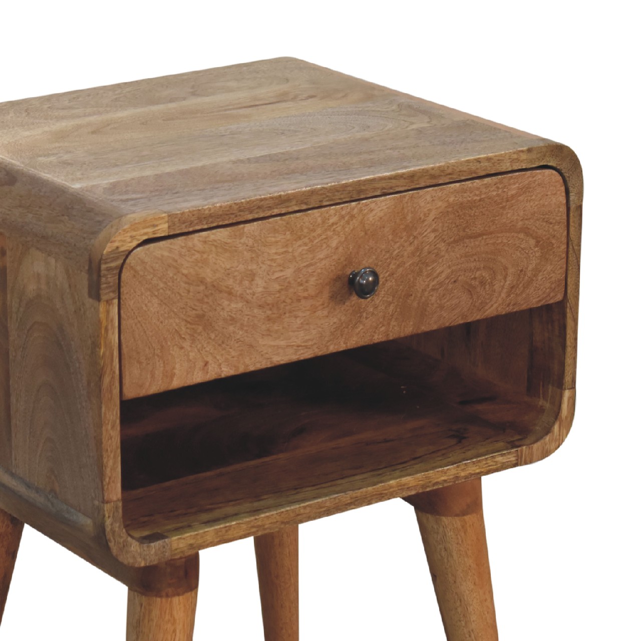 Solid Mango Wood Oak Finished 1 Drawer 1 Slot Curved Bedside - Image 5