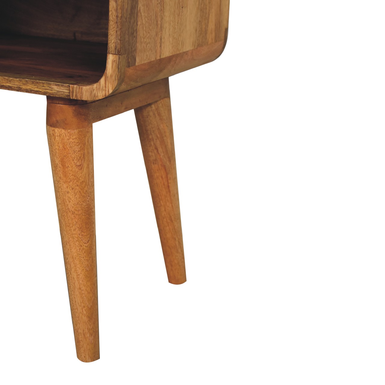 Solid Mango Wood Oak Finished 1 Drawer 1 Slot Curved Bedside - Image 7
