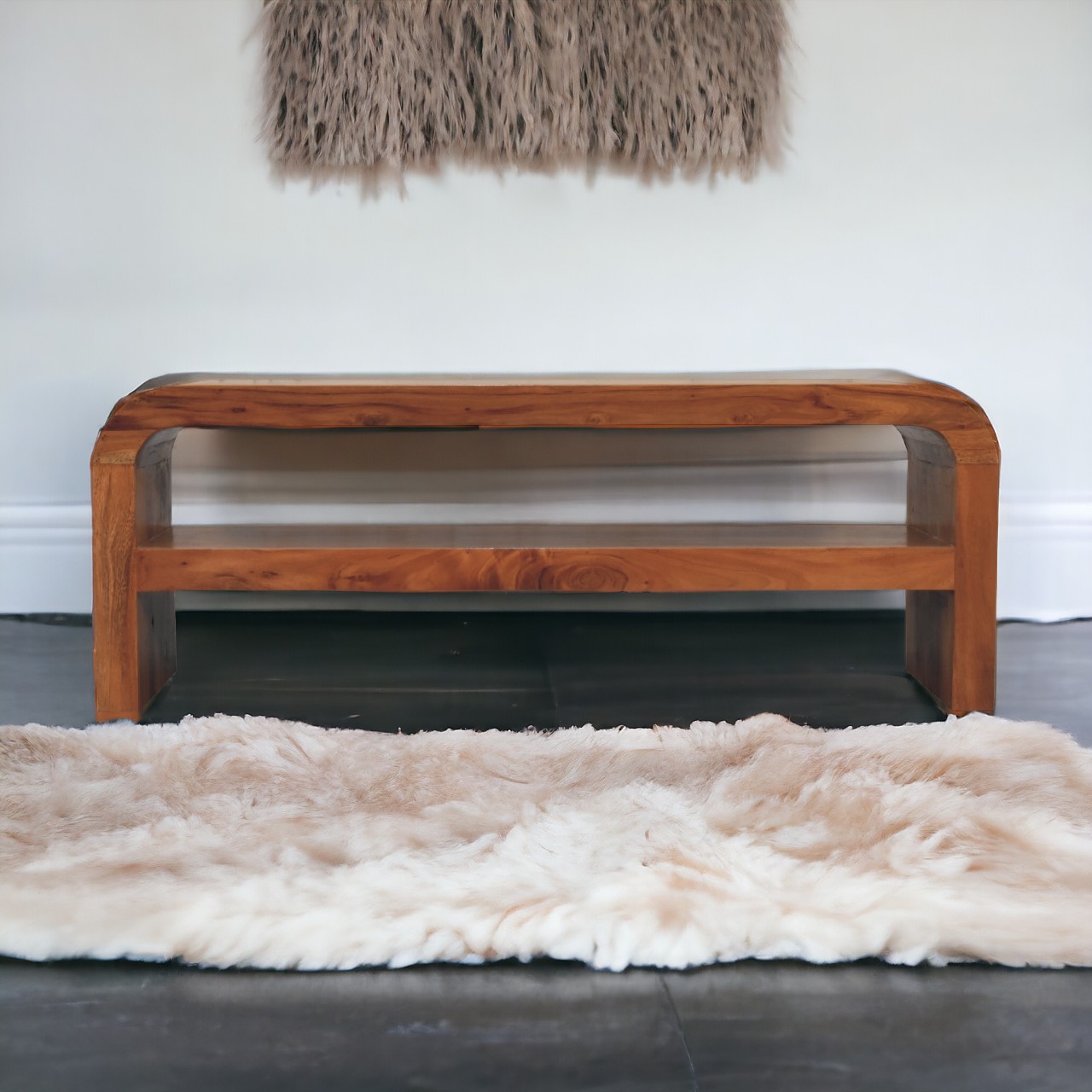 Solid Mango Wood Acacia Honey Caramel Darcy Media Unit with Shelf