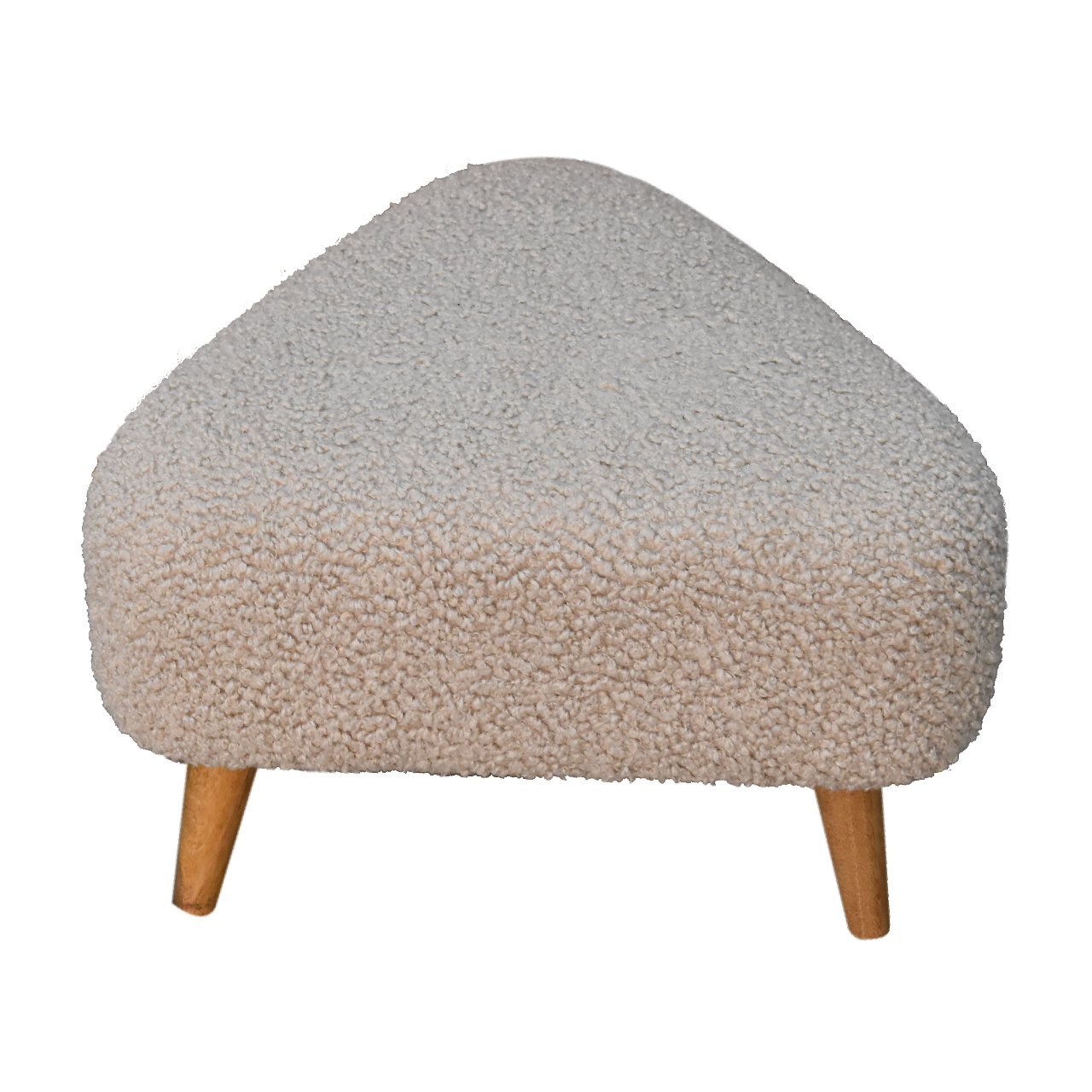 Solid Mango Wood Oak Finished Cream Boucle Upholstered Triangle Footstool - Image 2