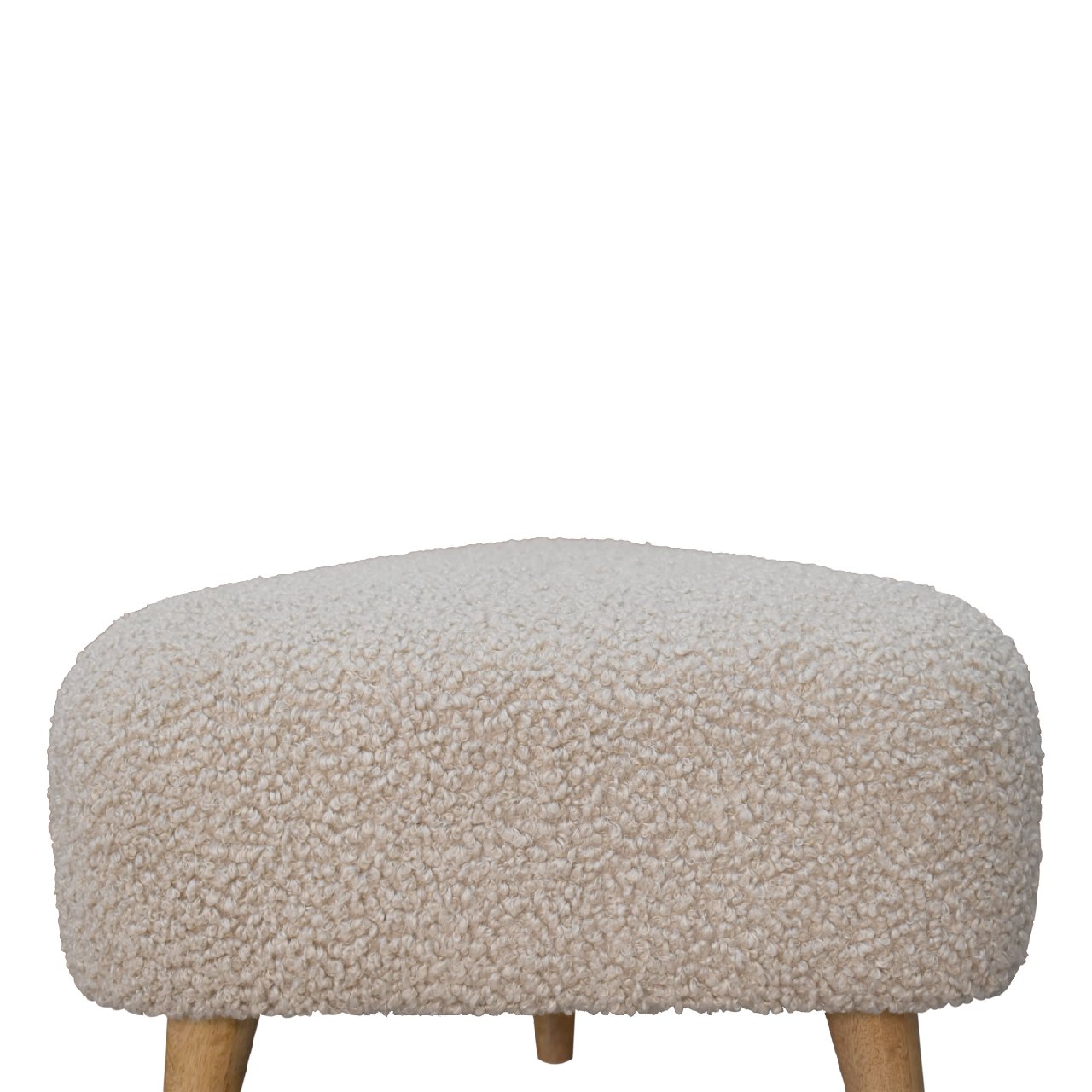 Solid Mango Wood Oak Finished Cream Boucle Upholstered Triangle Footstool - Image 6