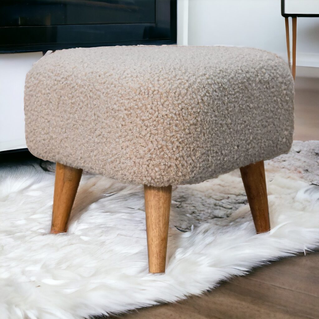 Solid Mango Wood Oak Finished Cream Boucle Upholstered Triangle Footstool