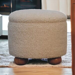 Solid Mango Wood Cream Boucle Upholstered Storage Footstool
