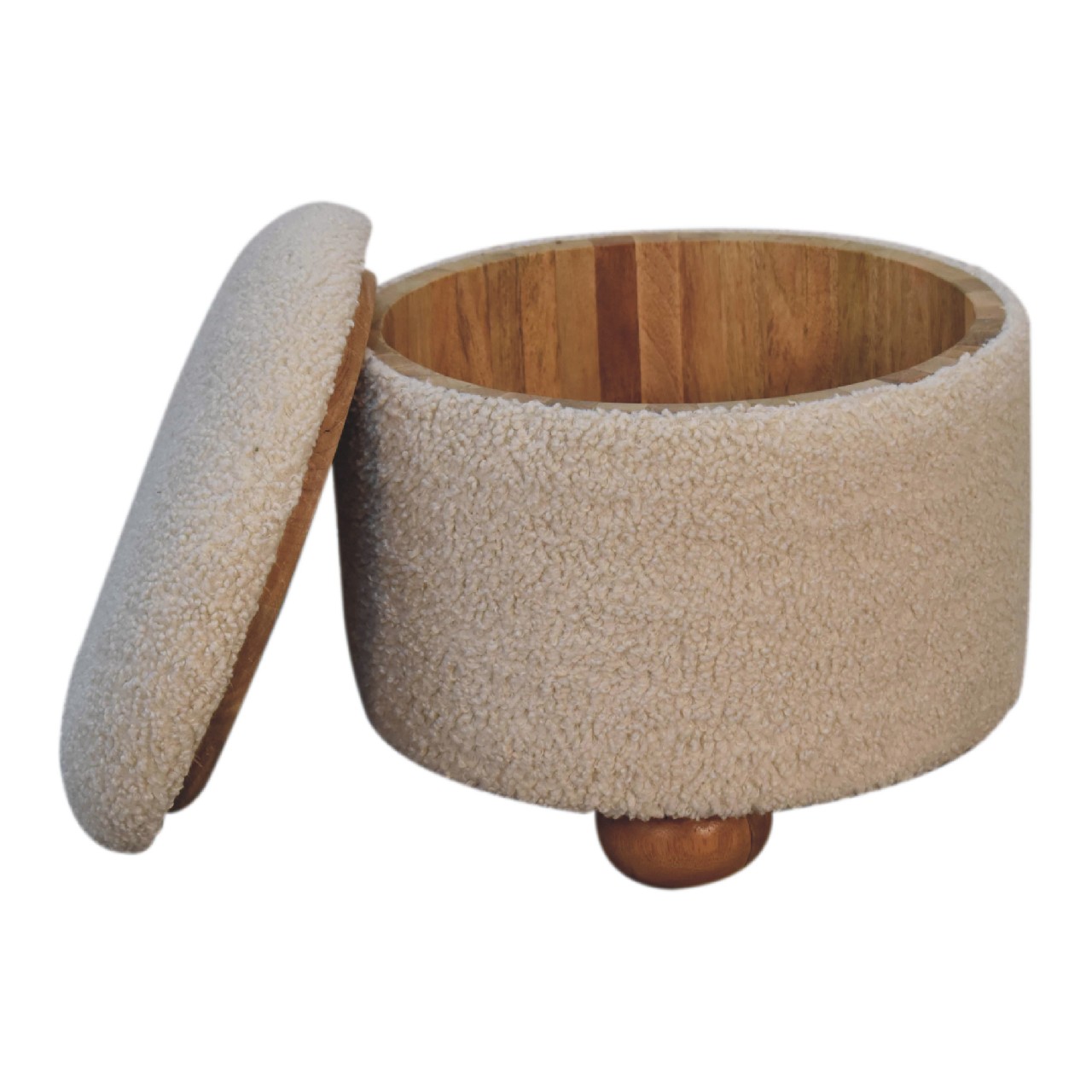 Solid Mango Wood Cream Boucle Upholstered Storage Footstool - Image 8