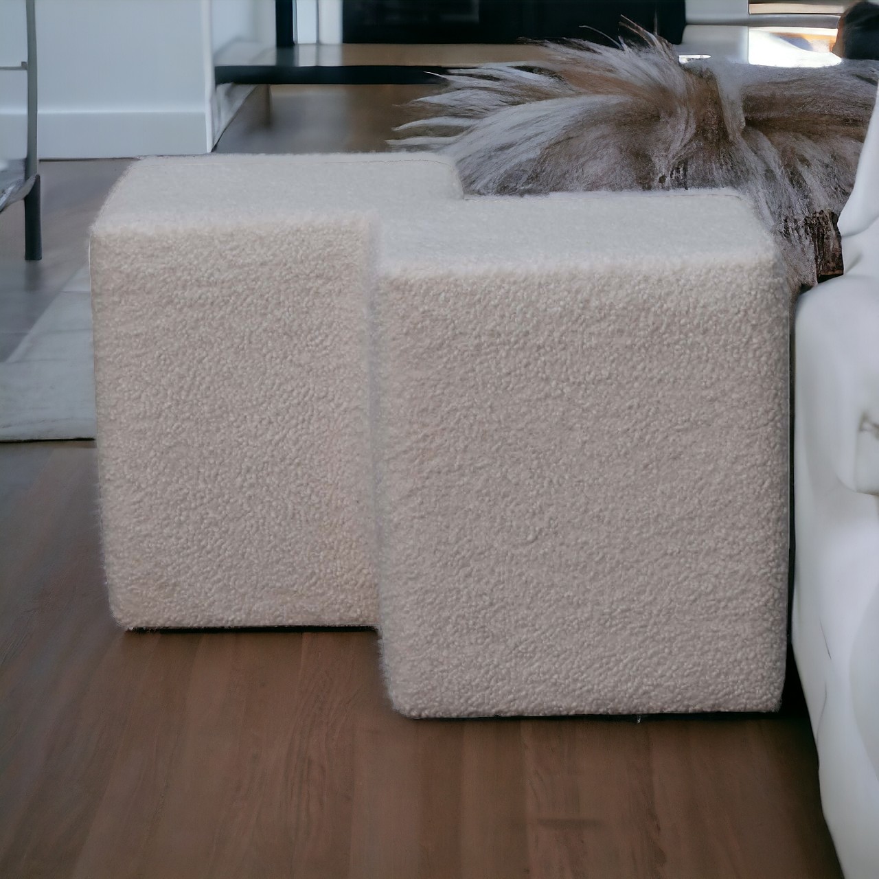 Solid Mango Wood White Boucle Twin Footstool