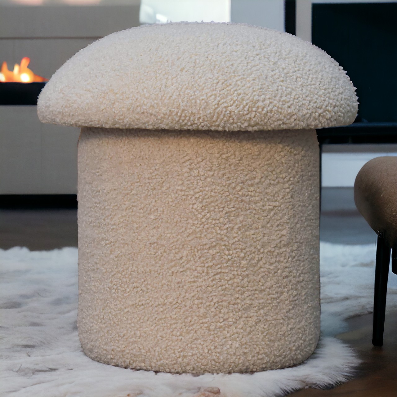 Solid Mango Wood Cream Boucle Mushroom Footstool