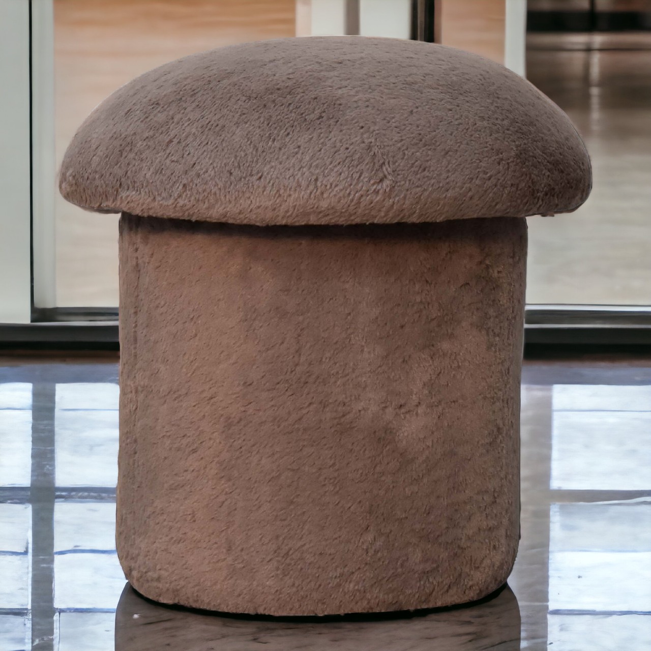 Solid Mango Wood Mocha Faux Fur Mushroom Footstool