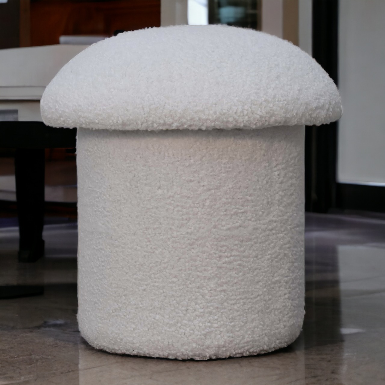 Solid Mango Wood White Boucle Mushroom Footstool