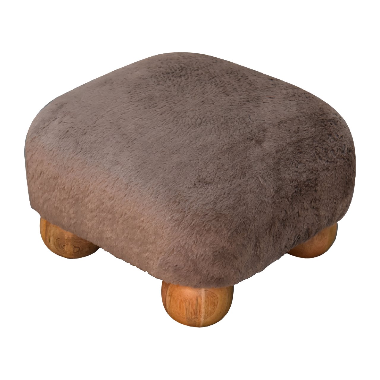 Solid Mango Wood Oak Finished Mocha Faux Fur Nordic Footstool - Image 6