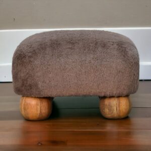 Solid Mango Wood Oak Finished Mocha Faux Fur Nordic Footstool