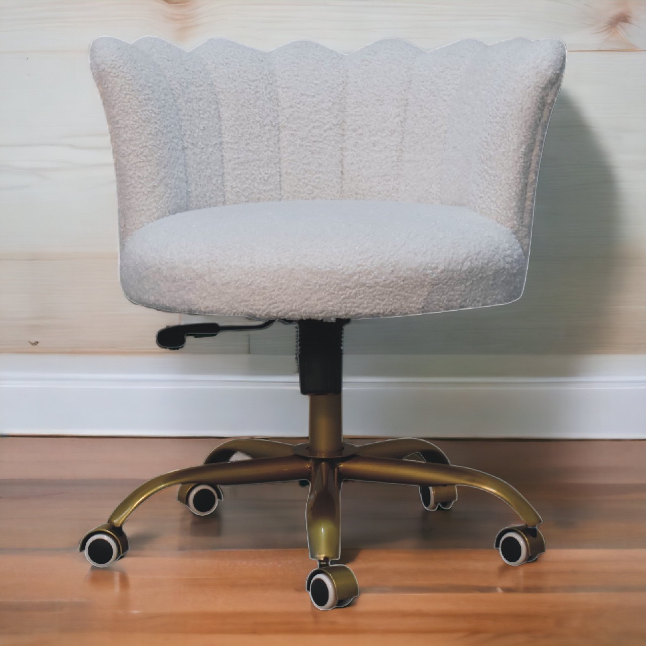 Solid Mango Wood White Boucle Swivel Chair