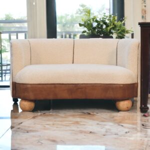 Solid Mango Wood Boucle Cream Upholstered with Leather Band & Ball Feet Small Sofa