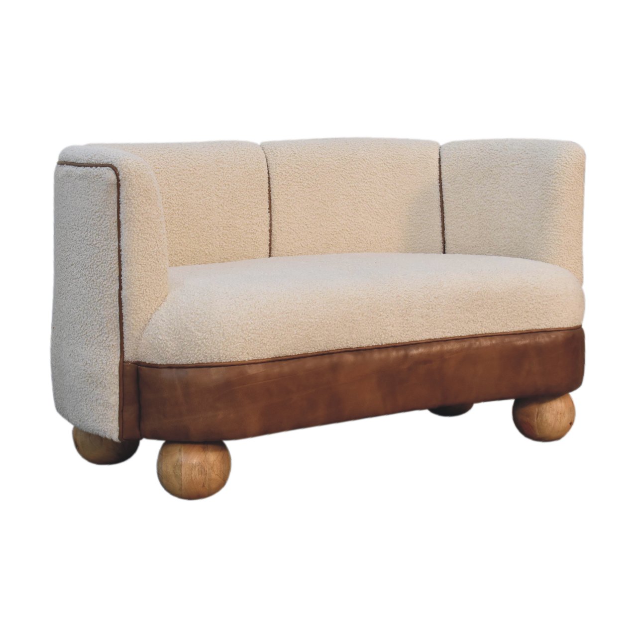 Solid Mango Wood Boucle Cream Upholstered with Leather Band & Ball Feet Small Sofa - Image 2