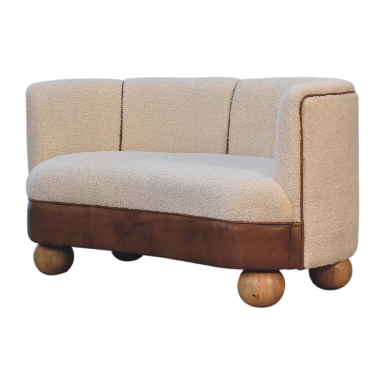 Solid Mango Wood Boucle Cream Upholstered with Leather Band & Ball Feet Small Sofa - Image 3