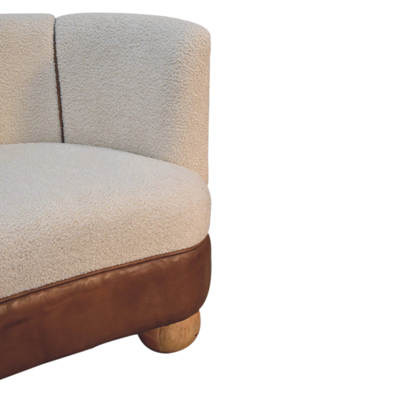 Solid Mango Wood Boucle Cream Upholstered with Leather Band & Ball Feet Small Sofa - Image 5