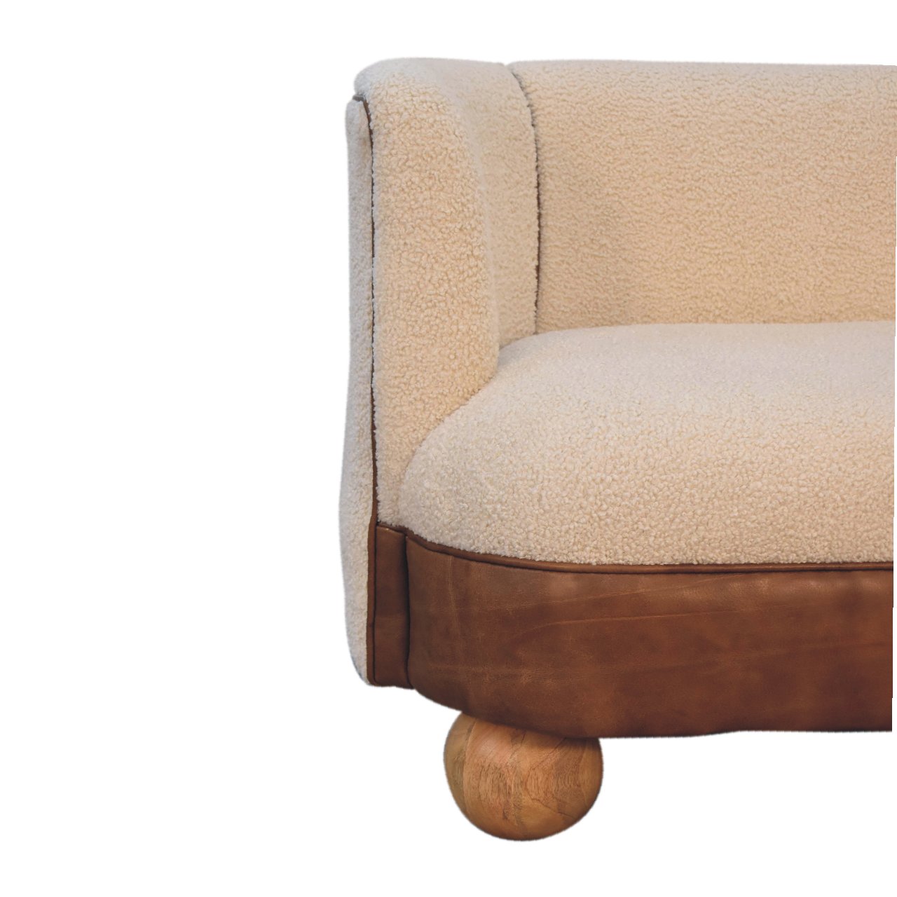 Solid Mango Wood Boucle Cream Upholstered with Leather Band & Ball Feet Small Sofa - Image 6
