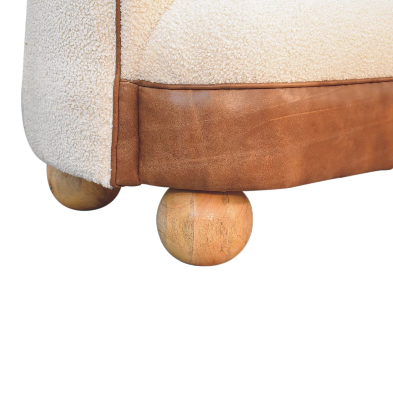 Solid Mango Wood Boucle Cream Upholstered with Leather Band & Ball Feet Small Sofa - Image 7