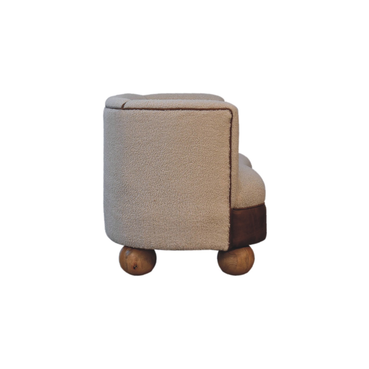 Solid Mango Wood Boucle Cream Upholstered with Leather Band & Ball Feet Small Sofa - Image 8