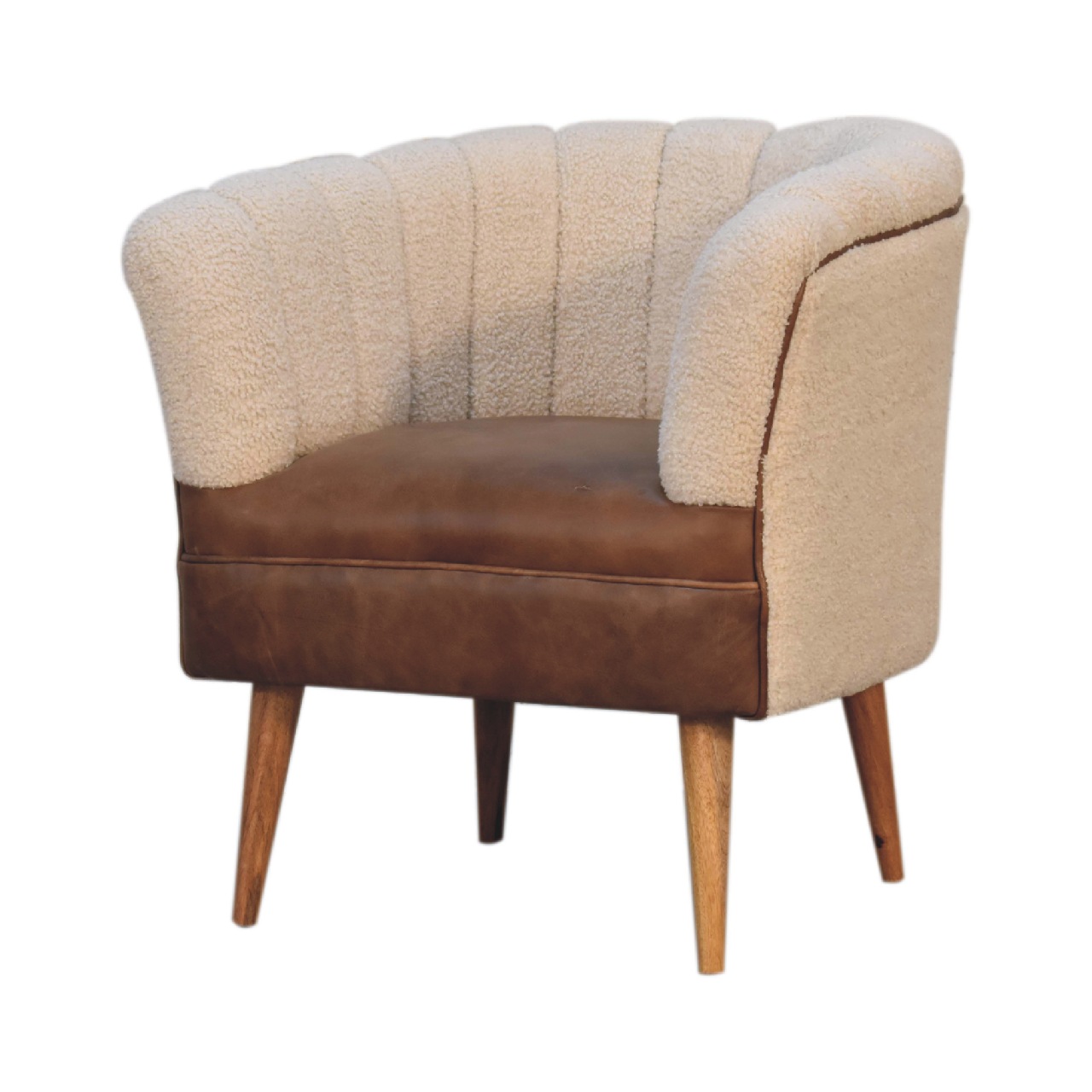 Solid Mango Wood Boucle Cream & Leather Armchair - Image 2