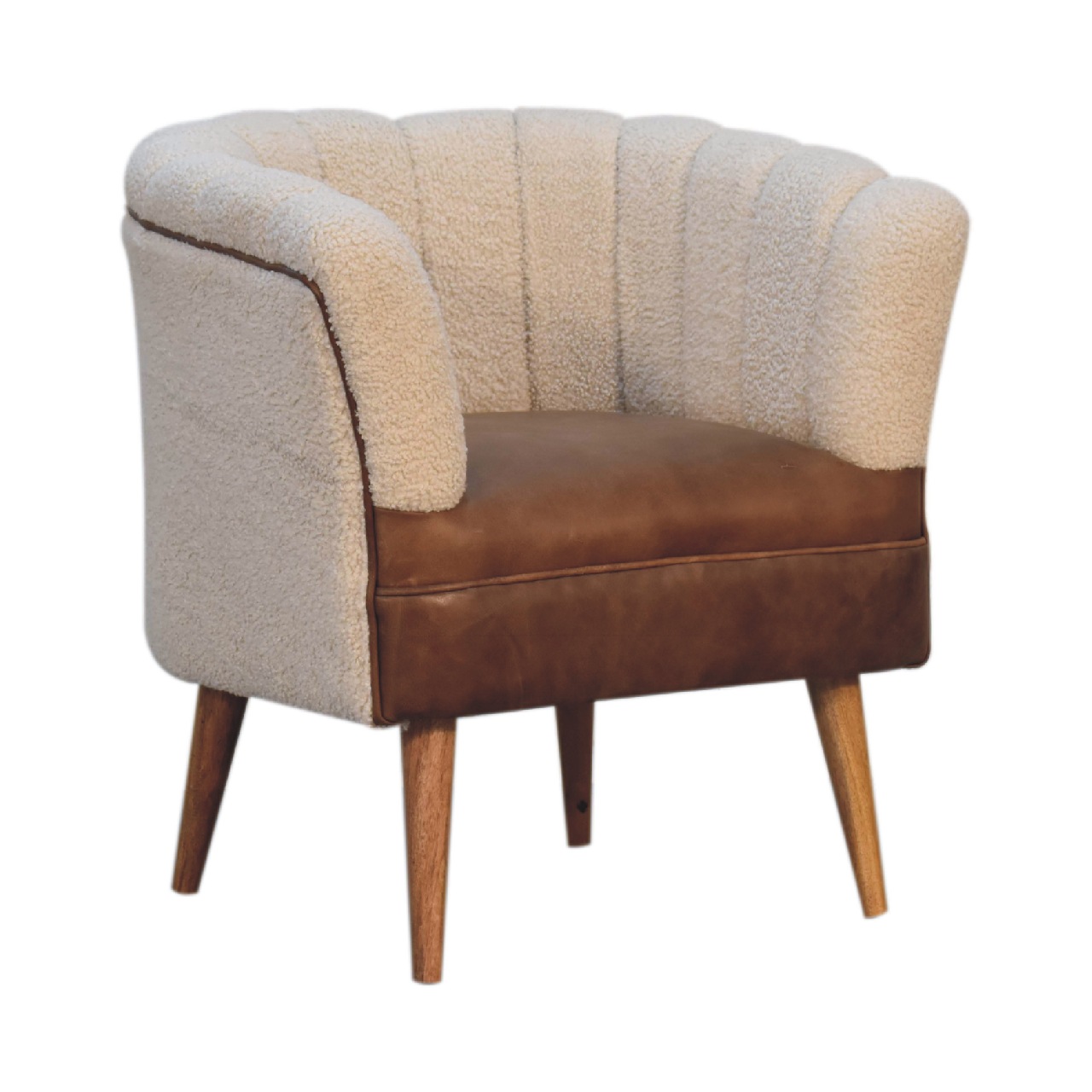 Solid Mango Wood Boucle Cream & Leather Armchair - Image 3