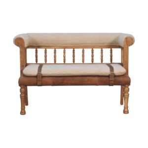 Solid Mango Wood Oak Finished Cream Boucle & Leather Bench