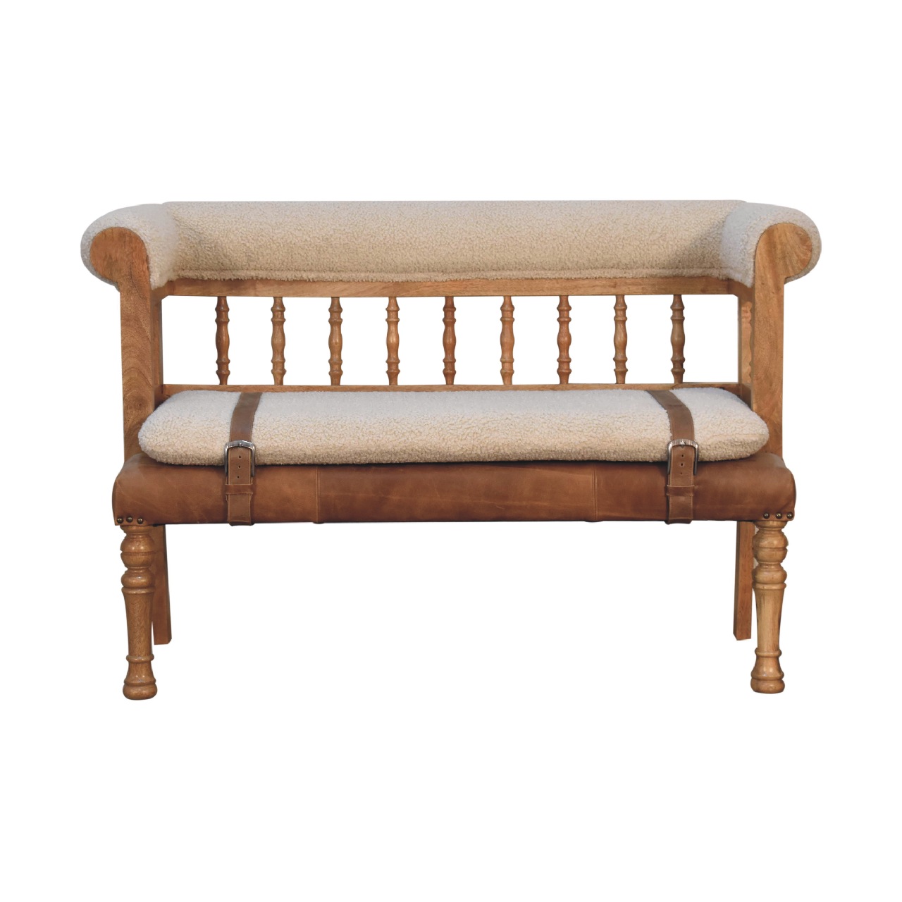 Solid Mango Wood Oak Finished Cream Boucle & Leather Bench