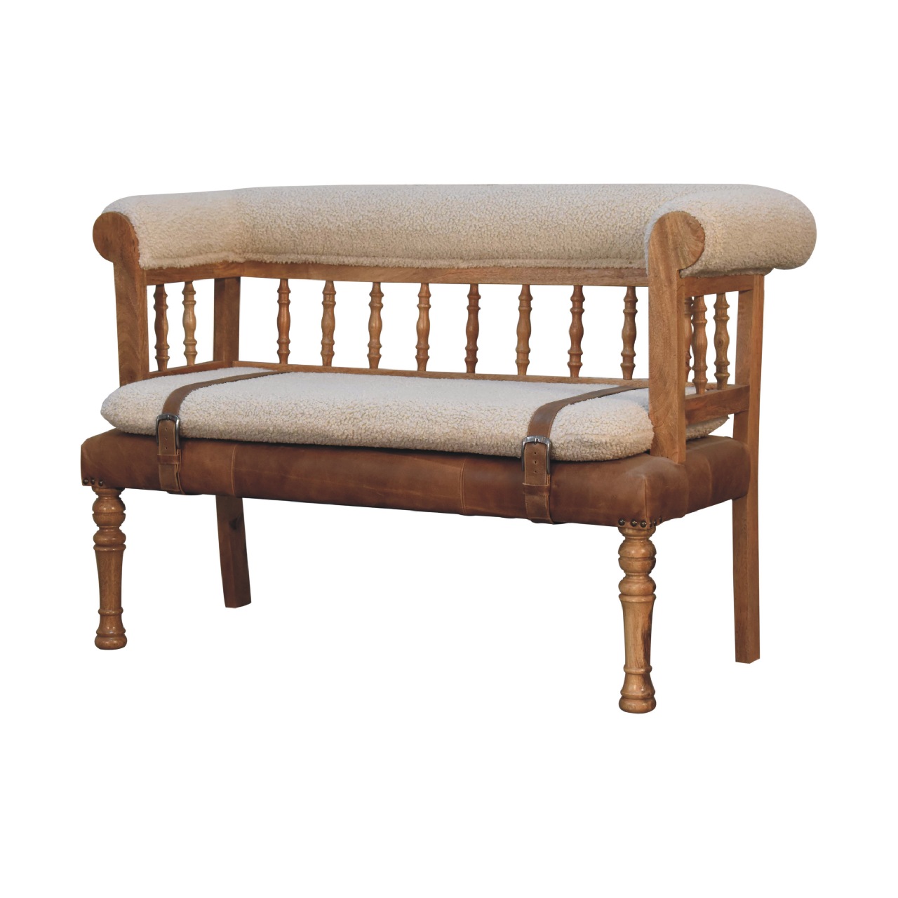 Solid Mango Wood Oak Finished Cream Boucle & Leather Bench - Image 2