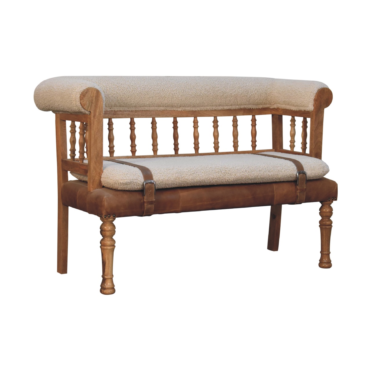 Solid Mango Wood Oak Finished Cream Boucle & Leather Bench - Image 3
