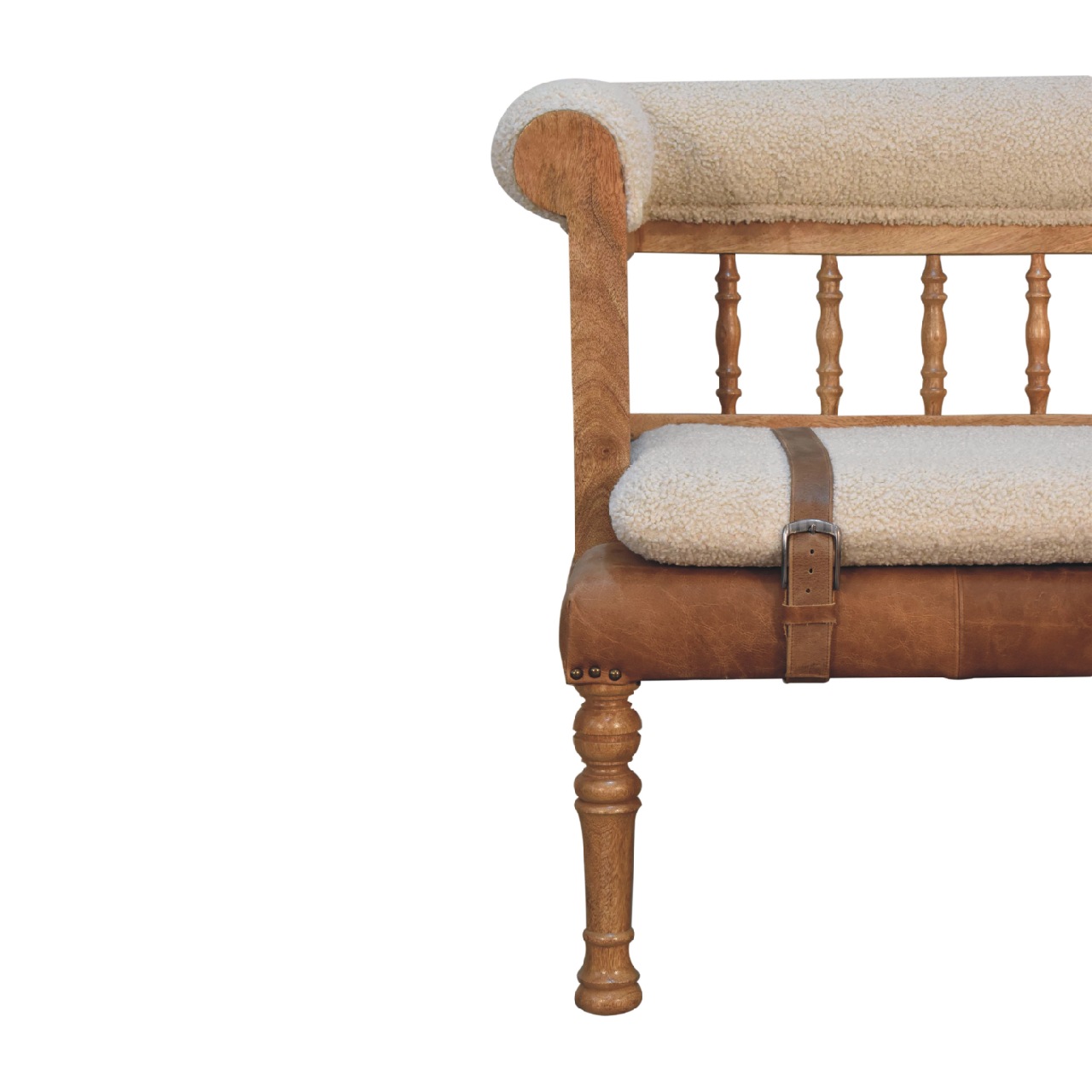 Solid Mango Wood Oak Finished Cream Boucle & Leather Bench - Image 4