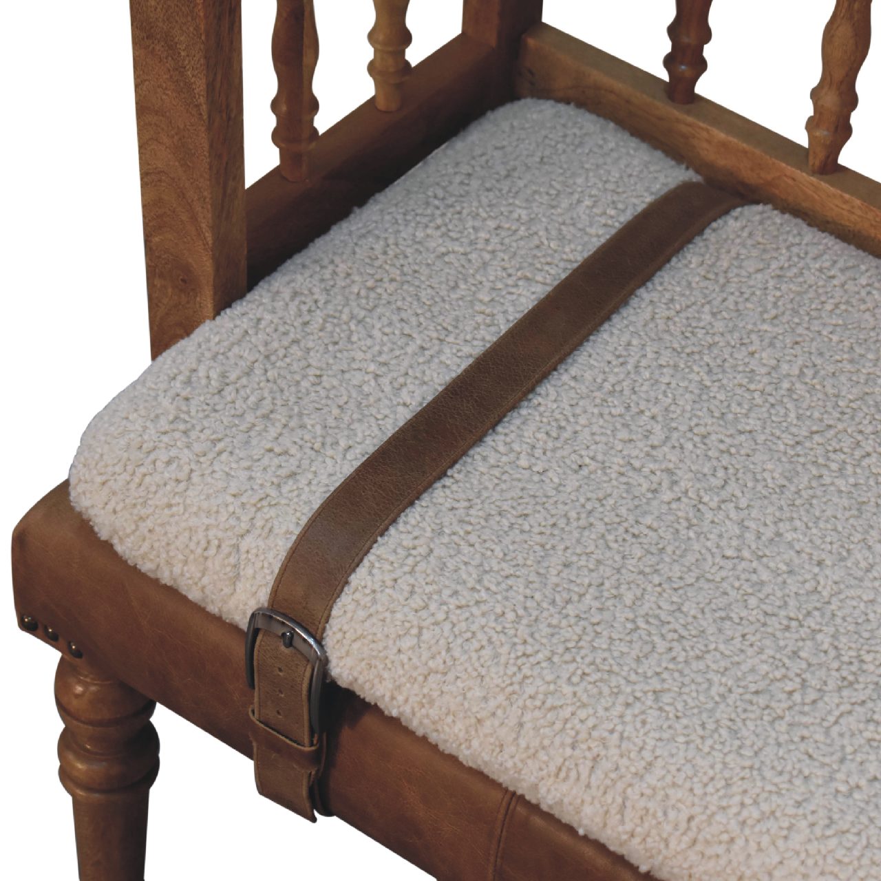 Solid Mango Wood Oak Finished Cream Boucle & Leather Bench - Image 6