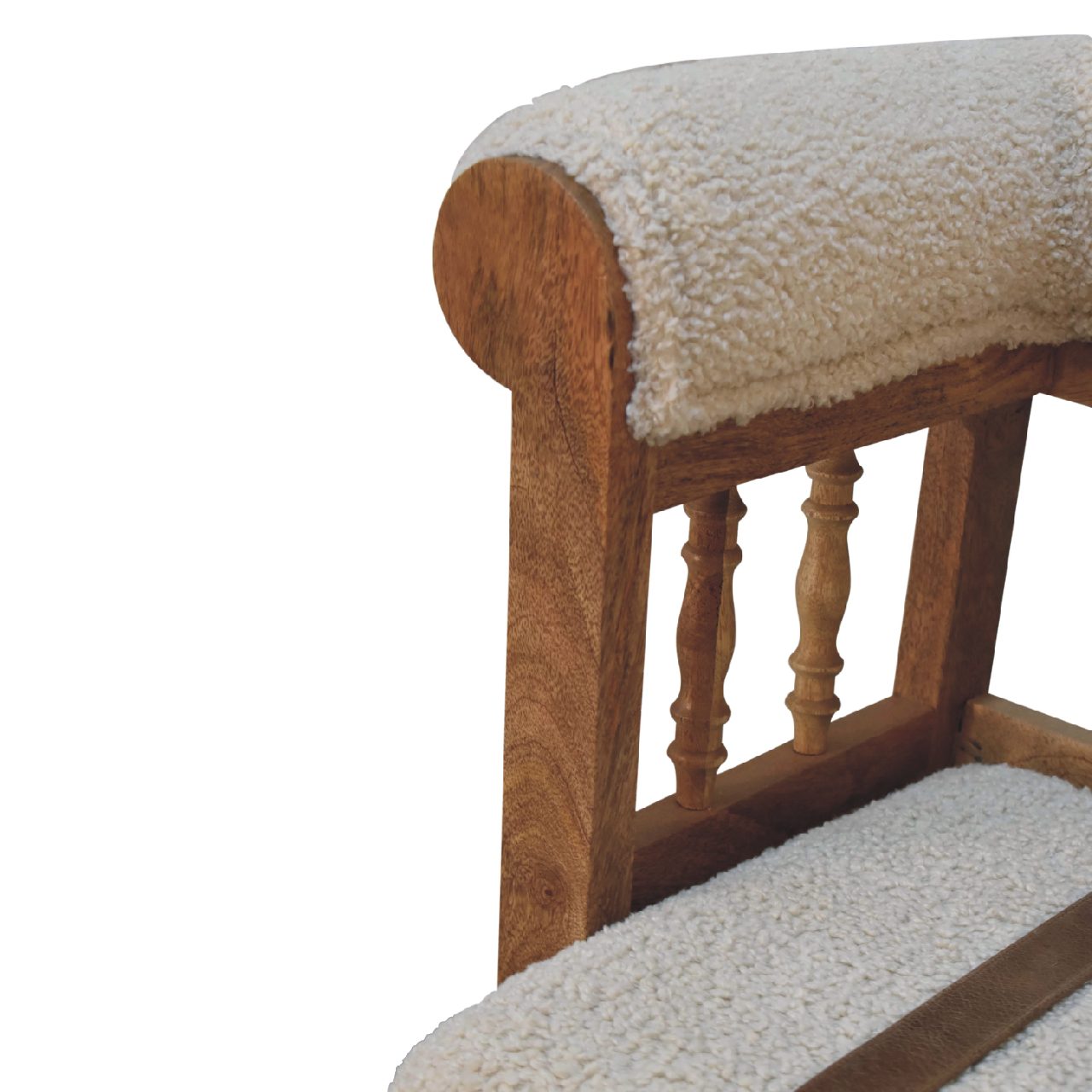 Solid Mango Wood Oak Finished Cream Boucle & Leather Bench - Image 7