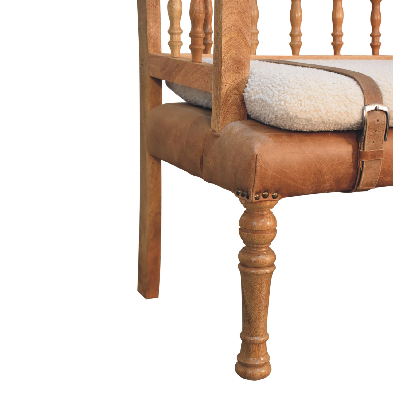 Solid Mango Wood Oak Finished Cream Boucle & Leather Bench - Image 8