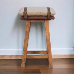 Solid Mango Wood & Cream Boucle Upholstery with Leather Straps Bar Stool