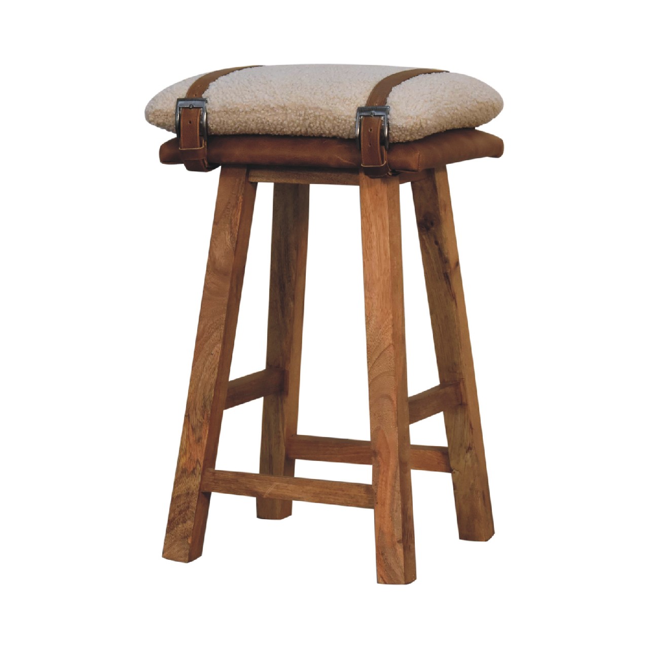 Solid Mango Wood & Cream Boucle Upholstery with Leather Straps Bar Stool - Image 2