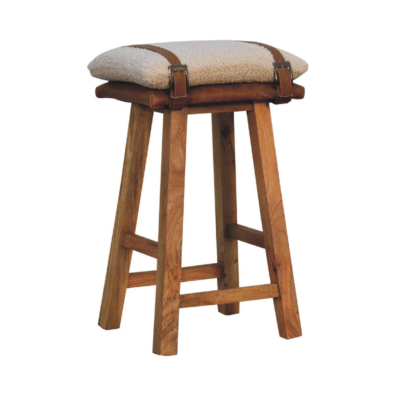 Solid Mango Wood & Cream Boucle Upholstery with Leather Straps Bar Stool - Image 3
