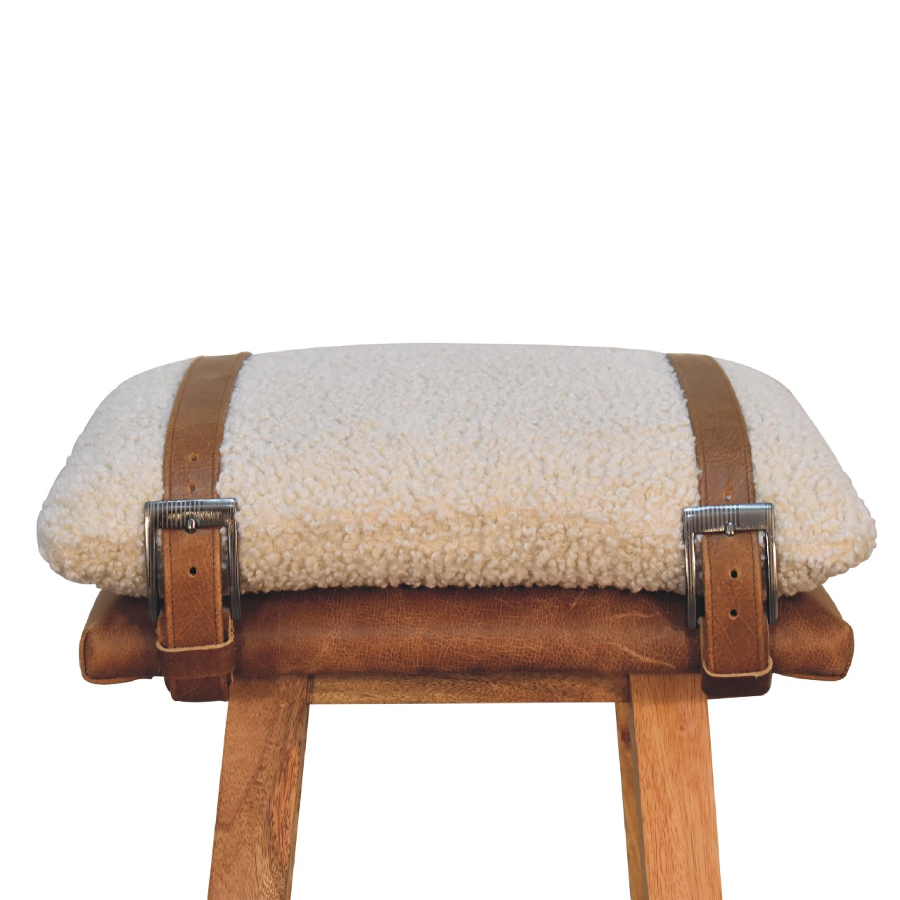Solid Mango Wood & Cream Boucle Upholstery with Leather Straps Bar Stool - Image 4