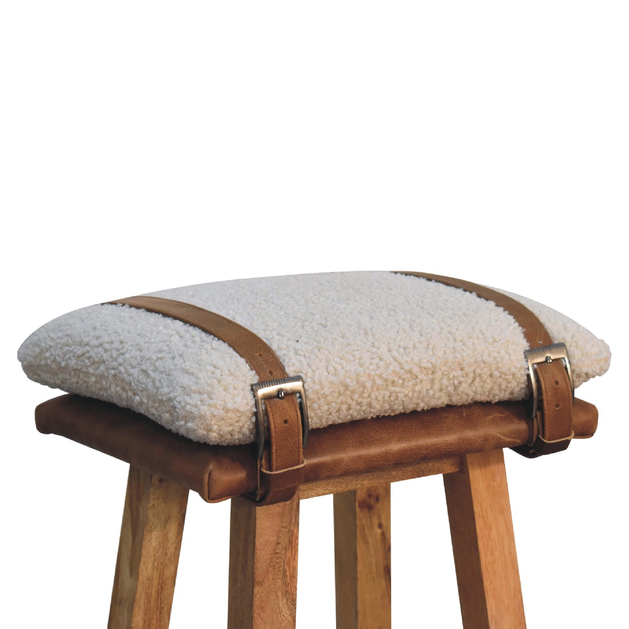 Solid Mango Wood & Cream Boucle Upholstery with Leather Straps Bar Stool - Image 5